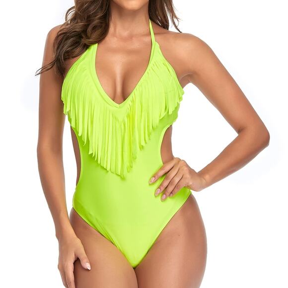 New Neon Yellow Swimsuit Fringe Cutout One Piece Sexuly Bathung Suit Size XL - Picture 1 of 1